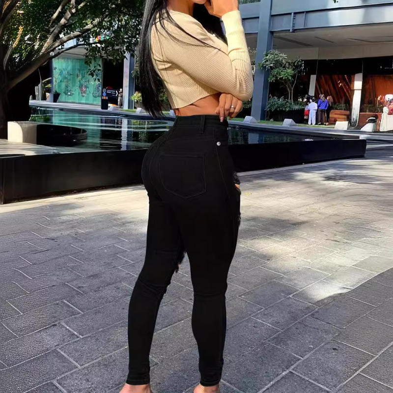 2024-es, határokon átnyúló Amazon Denim szakadt női nadrágok, európai és amerikai új szakadt fekete farmernadrág nőknek.