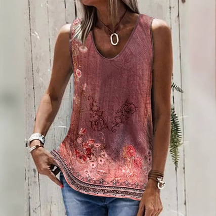 raktáron Női Virágmintás Ujjatlan V-nyakú Mintás Mellény Retro Bohém Stílusú Lezser Laza