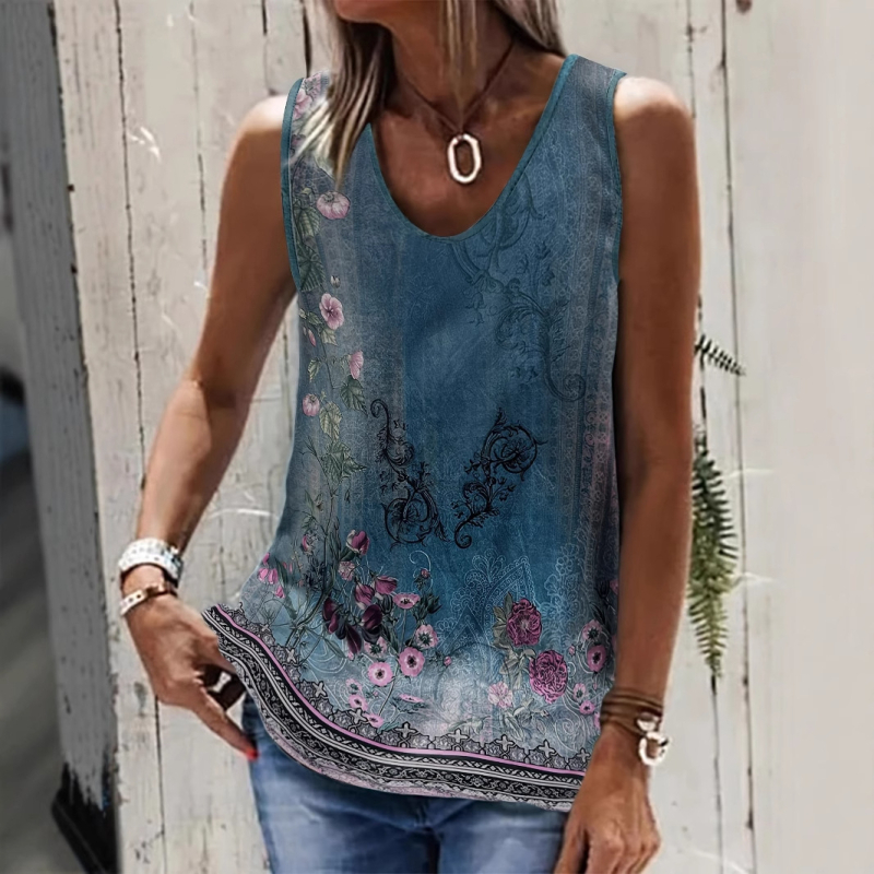 raktáron Női Virágmintás Ujjatlan V-nyakú Mintás Mellény Retro Bohém Stílusú Lezser Laza