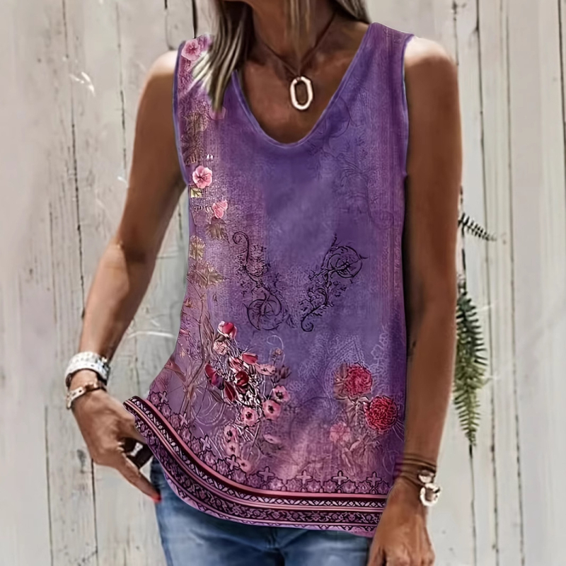 raktáron Női Virágmintás Ujjatlan V-nyakú Mintás Mellény Retro Bohém Stílusú Lezser Laza