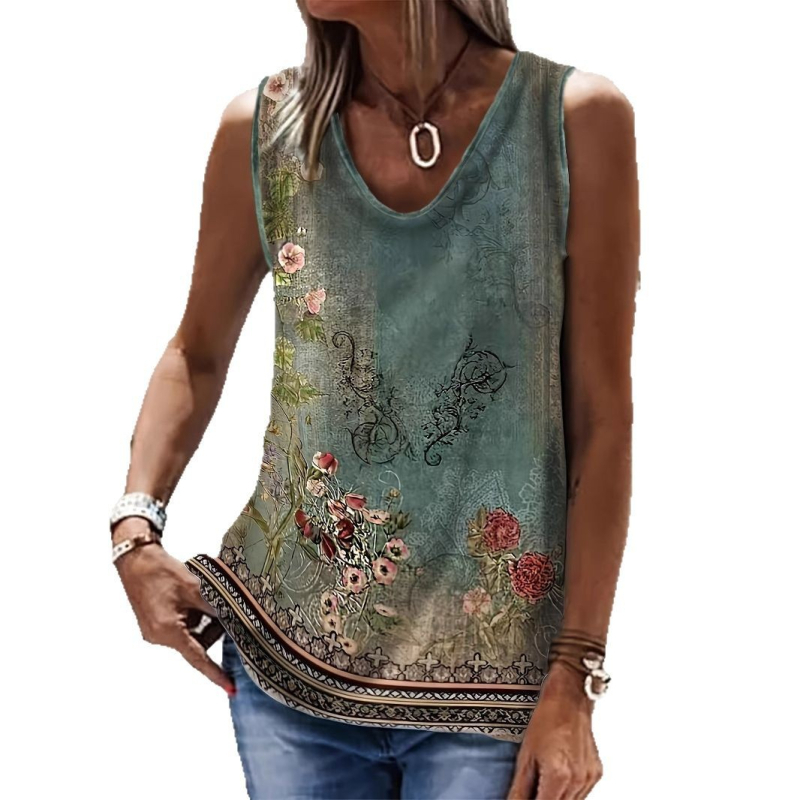 raktáron Női Virágmintás Ujjatlan V-nyakú Mintás Mellény Retro Bohém Stílusú Lezser Laza