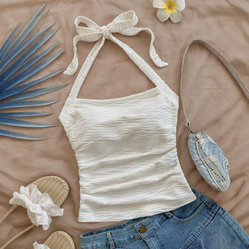 Γυναικείο καλοκαιρινό, αμάνικο, κοντό, λεπτό γιλέκο με κρεμαστό λαιμό και λουράκι για γυναίκες, καλοκαιρινό και νέο