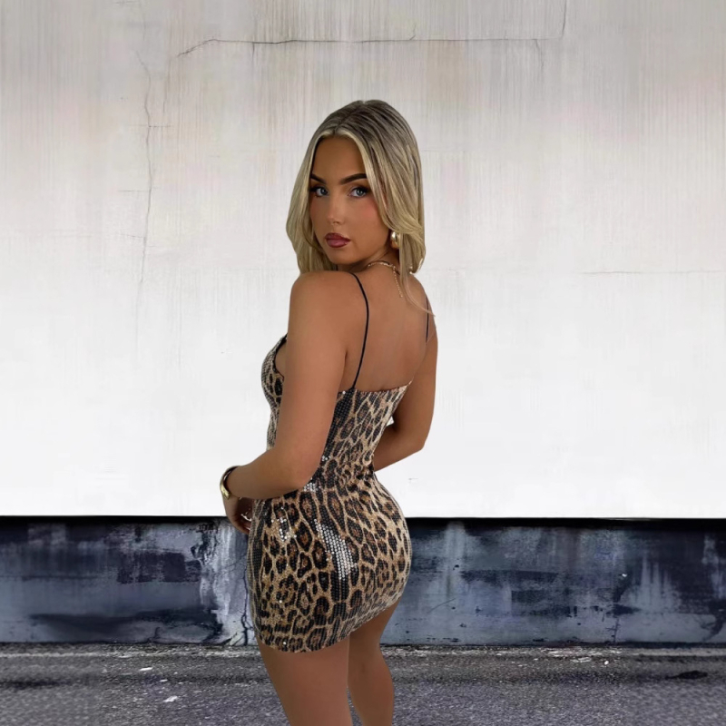 2024-es európai és amerikai tavaszi-nyári fűzős, V-nyakú, oldalsó hasítékos szoknya, leopárdmintás, félujjas, divatos, egyenes szabású ruha