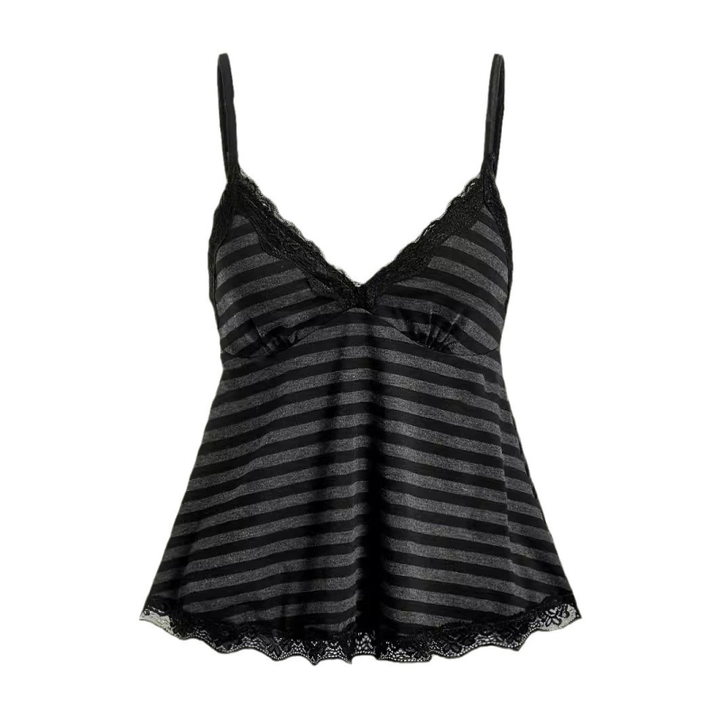 Európai és amerikai Amazon női csíkos, kontrasztos csipke felső, mély V-nyakú, szexi nyári, kis harisnyatartóval