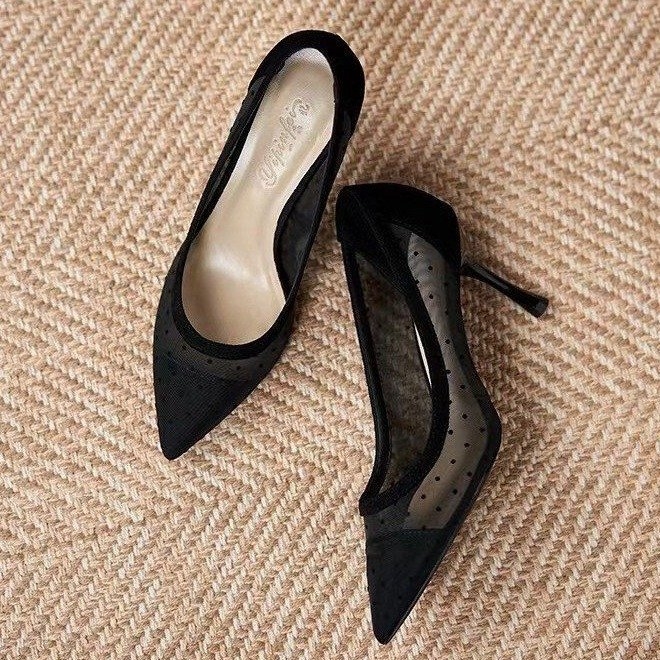 Egyedi cipők tündér stílusú 2023 nyári új kiber híresség magas sarkú, hegyes orrú, csipkés, pöttyös divatos női cipők