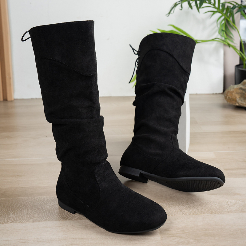 Divatos női csizmák, európai és amerikai stílusú, velúr, vastag sarok, félvádli csizma, 2025-ös új modell, fodros, rakott, nagy méret, fűzős női csizma, sokoldalú
