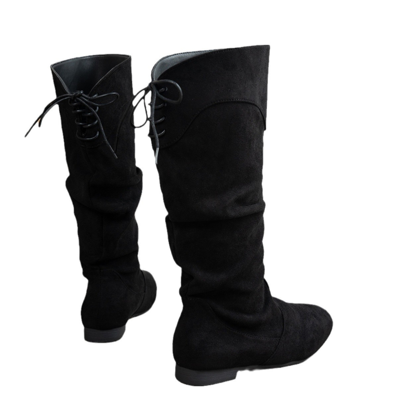 Divatos női csizmák, európai és amerikai stílusú, velúr, vastag sarok, félvádli csizma, 2025-ös új modell, fodros, rakott, nagy méret, fűzős női csizma, sokoldalú