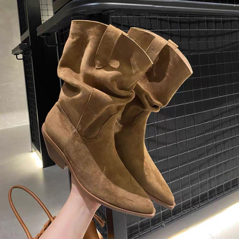 Marhabőr változat ~ Új hegyes sarkú retró western cowboy csizma rövid csizma bőr vastag sarkú ujjú csizma Martin csizma