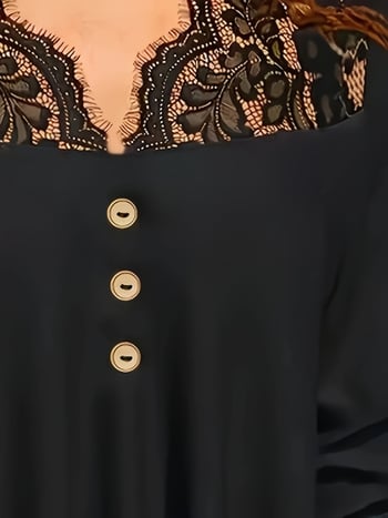 Elegantne V-kaelusega kootud topp kontrastsete pitsdetailidega, polüester, kergelt elastne, puhas