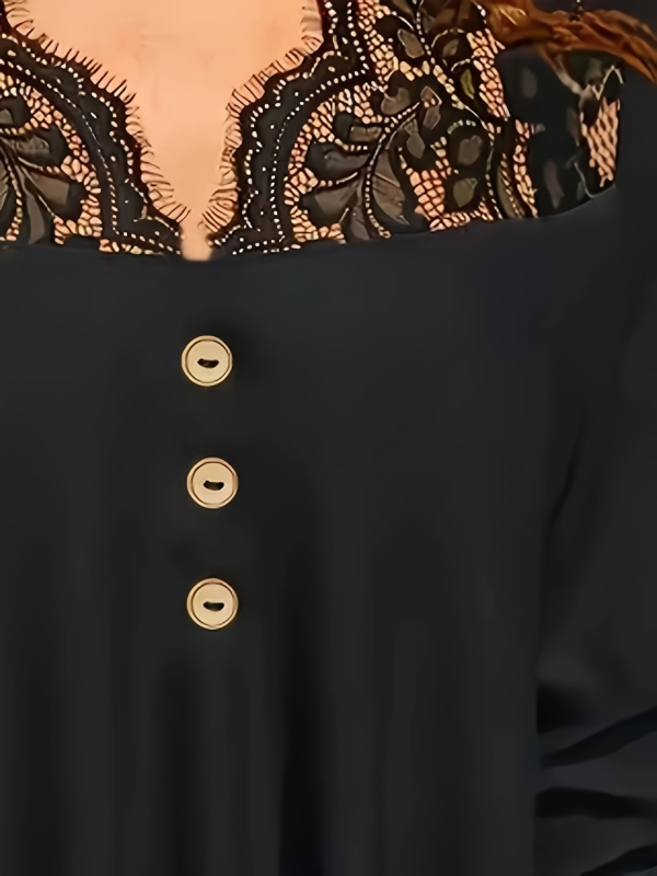 Elegantne V-kaelusega kootud topp kontrastsete pitsdetailidega, polüester, kergelt elastne, puhas