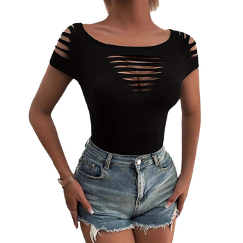 Fekete hálós vékony, üreges vállú póló női európai és amerikai divatos, karcsúsított, karcsúsító dizájn, rövid ujjú, női határokon átnyúló, rövid ujjú