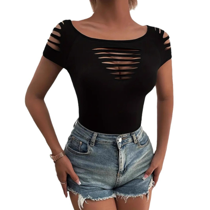Fekete hálós vékony, üreges vállú póló női európai és amerikai divatos, karcsúsított, karcsúsító dizájn, rövid ujjú, női határokon átnyúló, rövid ujjú