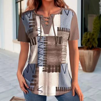 2024-es cross-border új női perforált, fűzős, rövid ujjú, világosbarna hasított póló