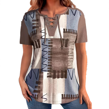 2024-es cross-border új női perforált, fűzős, rövid ujjú, világosbarna hasított póló