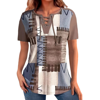 2024-es cross-border új női perforált, fűzős, rövid ujjú, világosbarna hasított póló