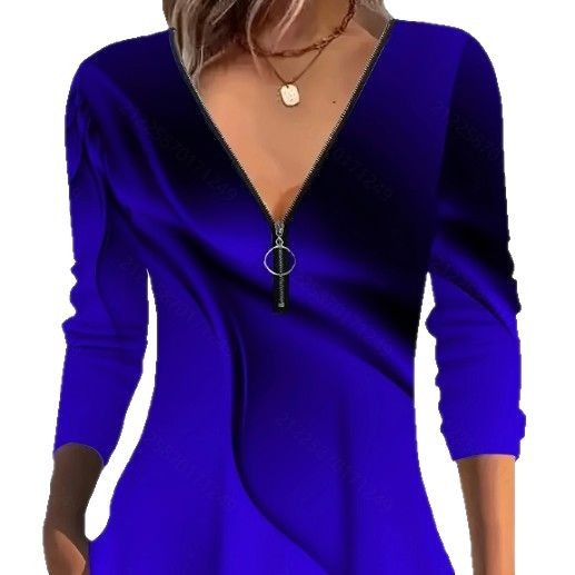 Határokon átnyúló európai és amerikai Amazon független állomás szexi mély V-nyakú cipzáras hosszú ujjú színátmenetes felső női póló