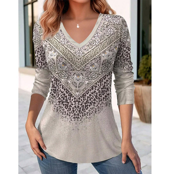 Független Állomás Európai és Amerikai Határokon Átnyúló 2024 Tavaszi és Őszi Új Női Ruházat Divat 3D Retro Nyomtatott Hosszú Ujjú Laza V-nyakú Póló