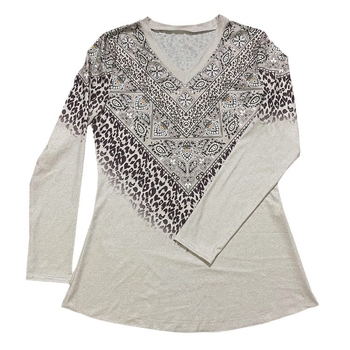 Független Állomás Európai és Amerikai Határokon Átnyúló 2024 Tavaszi és Őszi Új Női Ruházat Divat 3D Retro Nyomtatott Hosszú Ujjú Laza V-nyakú Póló