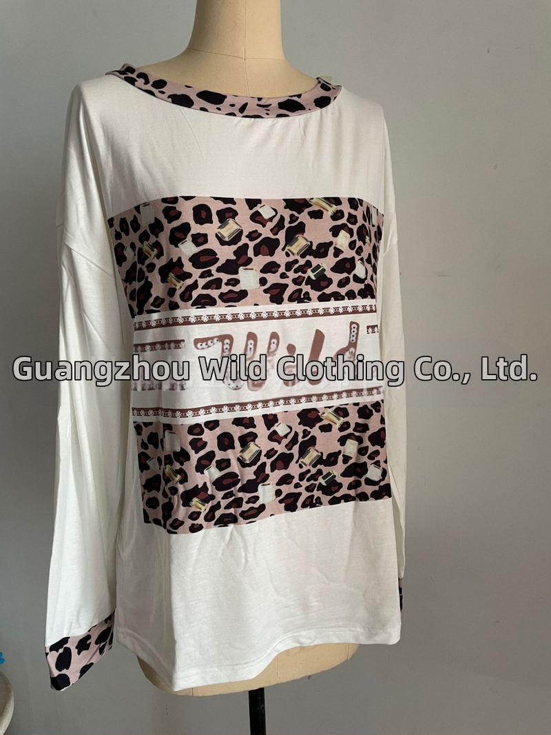Dámske voľné pletené tričko s dlhým rukávom, európsky a americký leopardí vzor, zdobený okrúhly výstrih, zahraničný obchod, ležérne
