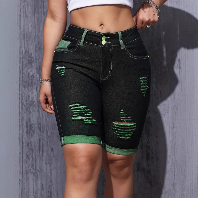 Független Állomás Határokon Átnyúló Új Európai és Amerikai Nyári Női Szaggatott Farmer Rövidnadrág, Rugalmas Slim Középderekú Karcsúsító Rövidnadrág