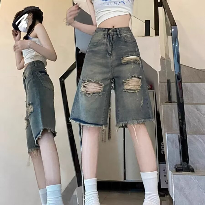 Retro amerikai stílusú egyenes szabású, középhosszú nadrág, szakadt farmer, női plus size, pufók lányos, laza, karcsúsító, utcai rövidnadrág, nyári