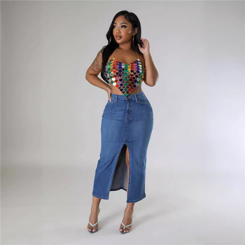 na zalihi Prekogranična Europa i Sjedinjene Države 2024 Amazon Nova ponuda Rascijepljena suknja Traper suknja Duljina