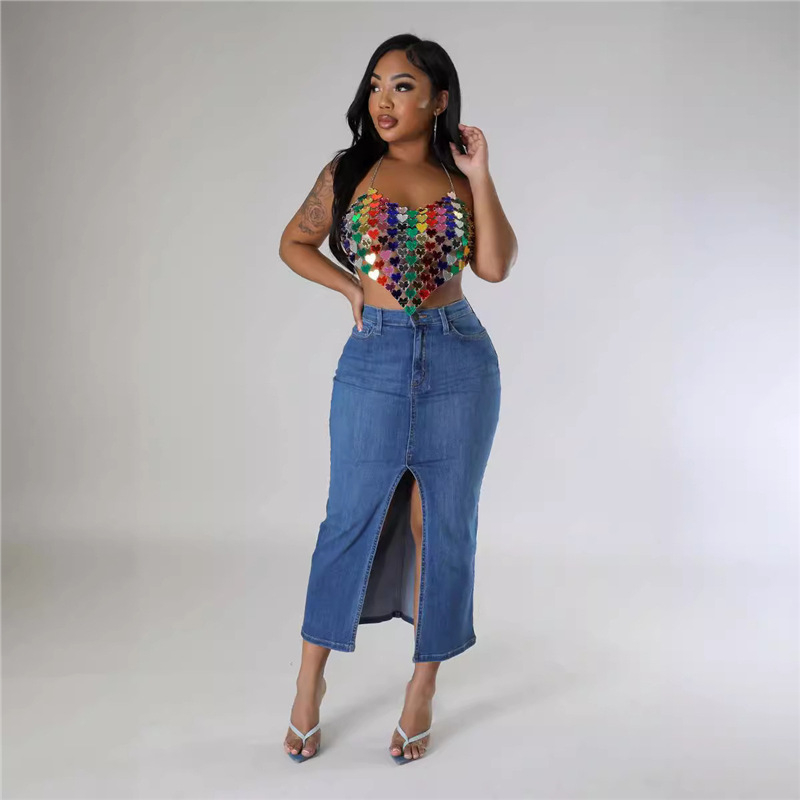 Sandėlyje Tarpvalstybinė Europa ir Jungtinės Valstijos 2024 m. „Amazon New Supply“ skaldytas sijonas džinsinio sijono ilgis