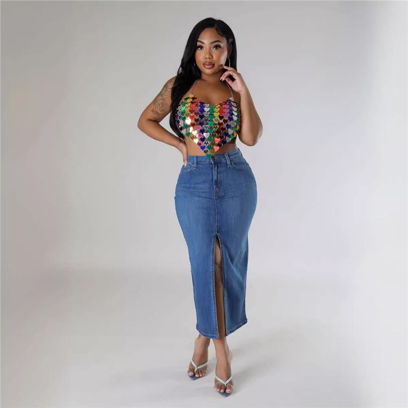 Sandėlyje Tarpvalstybinė Europa ir Jungtinės Valstijos 2024 m. „Amazon New Supply“ skaldytas sijonas džinsinio sijono ilgis