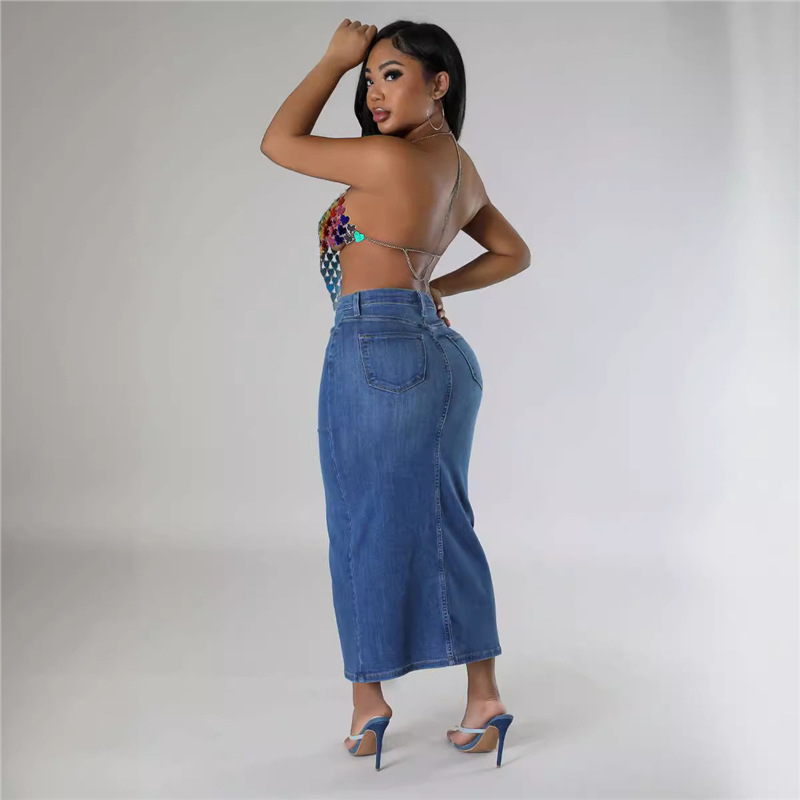 Sandėlyje Tarpvalstybinė Europa ir Jungtinės Valstijos 2024 m. „Amazon New Supply“ skaldytas sijonas džinsinio sijono ilgis