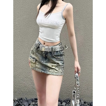 Amerikai stílusú retró, mosott, kopott, farmerrel bélelt szoknya női nyári új, dögös lányos, magas derekú, karcsúsító, A-vonalú csípőszoknya