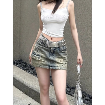 Amerikai stílusú retró, mosott, kopott, farmerrel bélelt szoknya női nyári új, dögös lányos, magas derekú, karcsúsító, A-vonalú csípőszoknya