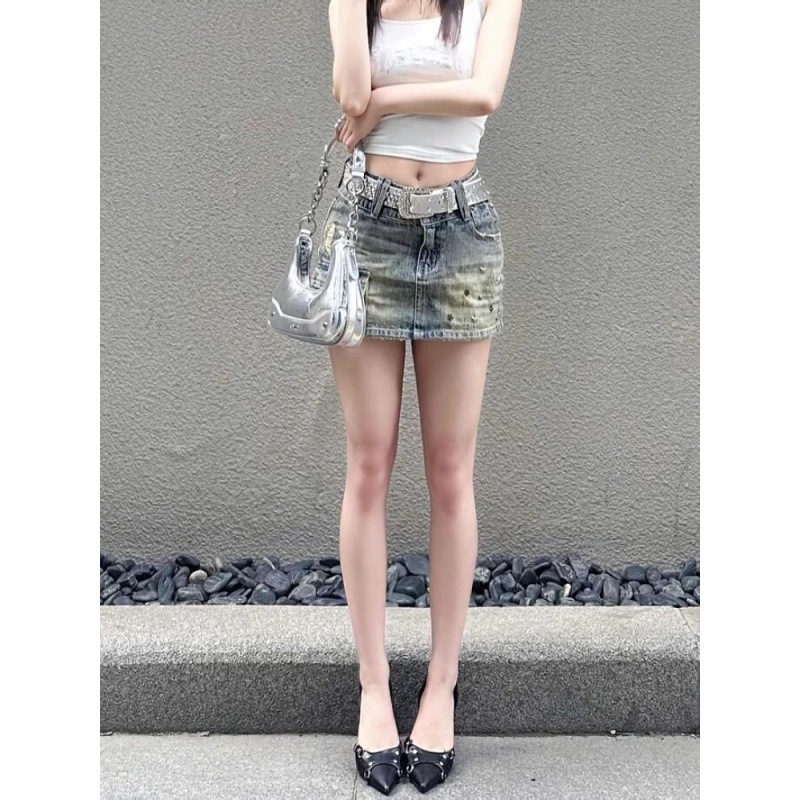 Amerikai stílusú retró, mosott, kopott, farmerrel bélelt szoknya női nyári új, dögös lányos, magas derekú, karcsúsító, A-vonalú csípőszoknya