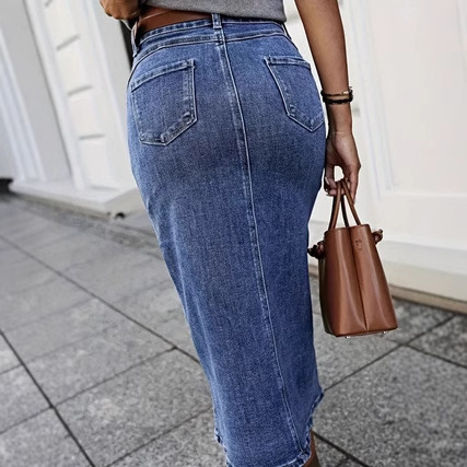 2025-ös európai és amerikai új retró plus size női csattal, magas elasztikus farmer elülső hasított szoknya