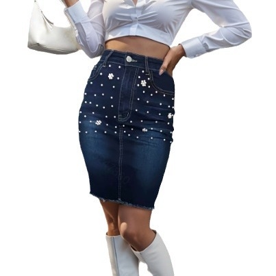 Europietiškas ir amerikietiškas moteriškas vintažinis karoliukais puoštas tamprus klubų pusdžinsinis sijonas