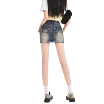 Amerikai stílusú retró farmerszoknya női 2024-es nyári új, magas derekú, Spice Girl hímzett, régi A-vonalú csípőszoknya