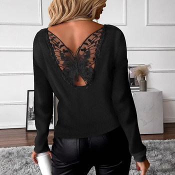 Határokon átnyúló, új, európai és amerikai női csipke, pillangóvirágos kötött hosszú ujjú, bordás póló