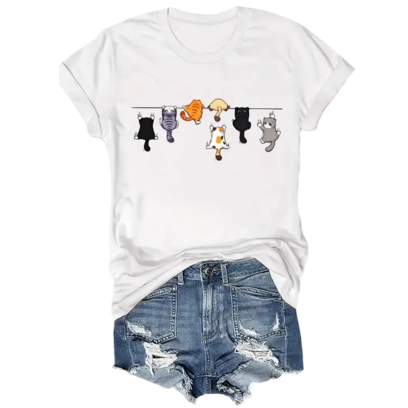 Határokon átnyúló női póló Amazon Explosions Cuki Cicás Mintás Kerek Nyakú Otthoni Minden Mérkőzésre Alkalmi Rövid Ujjú Felső