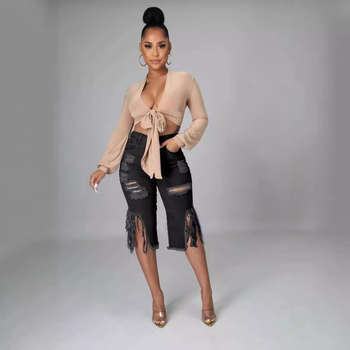 SK511006 Amazon AliExpress Független Állomású Európai és Amerikai Határokon Átnyúló Női Rugalmas, Rojtos, Szakadt Farmer Five Points