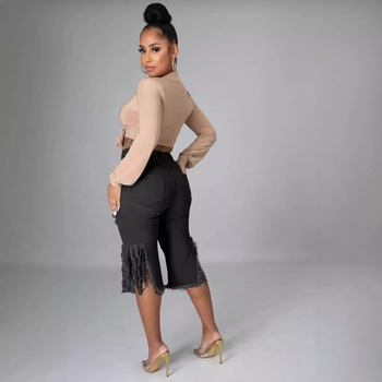 SK511006 Amazon AliExpress Független Állomású Európai és Amerikai Határokon Átnyúló Női Rugalmas, Rojtos, Szakadt Farmer Five Points