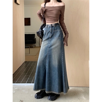 Trendi, niche, nyers szegélyű, halszálkamintás farmerszoknya nőknek, 2025 őszi új, magas derekú, vintage hosszú szoknya