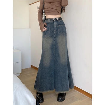 Trendi, niche, nyers szegélyű, halszálkamintás farmerszoknya nőknek, 2025 őszi új, magas derekú, vintage hosszú szoknya