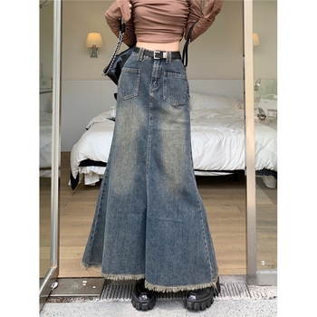 Trendi, niche, nyers szegélyű, halszálkamintás farmerszoknya nőknek, 2025 őszi új, magas derekú, vintage hosszú szoknya