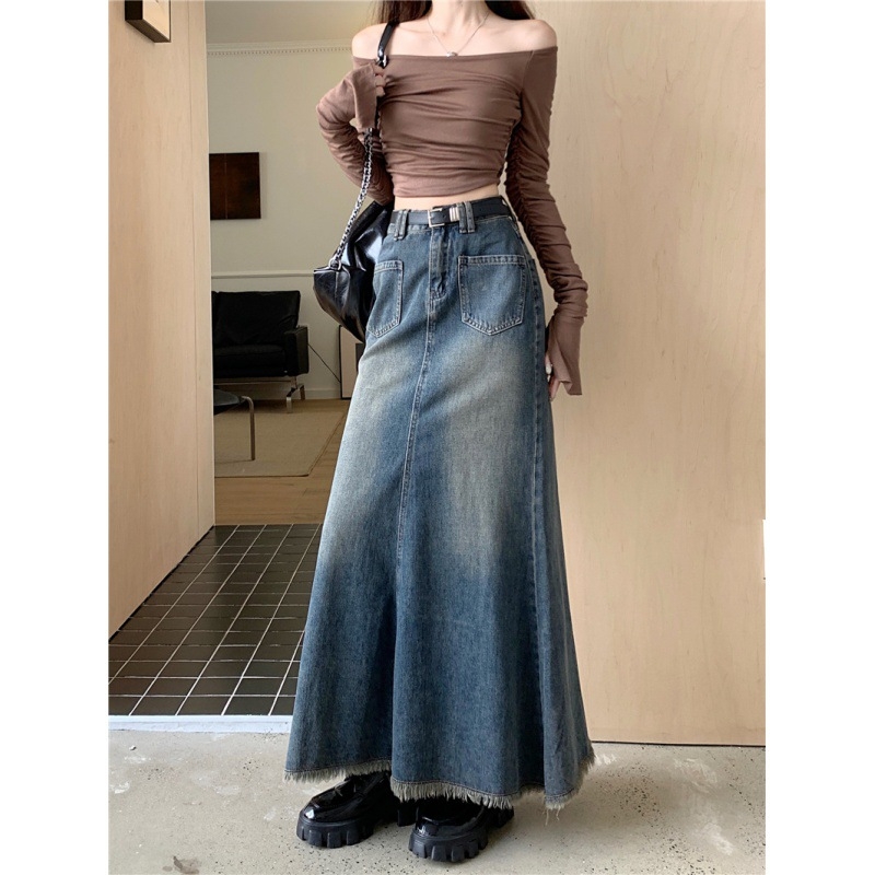 Trendi, niche, nyers szegélyű, halszálkamintás farmerszoknya nőknek, 2025 őszi új, magas derekú, vintage hosszú szoknya