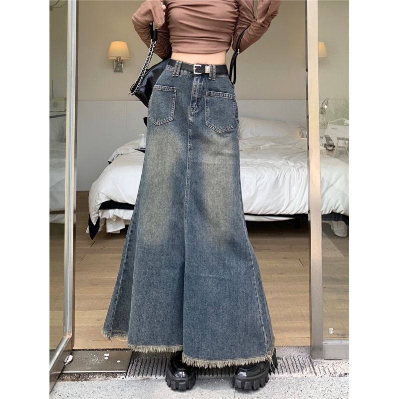 Trendi, niche, nyers szegélyű, halszálkamintás farmerszoknya nőknek, 2025 őszi új, magas derekú, vintage hosszú szoknya