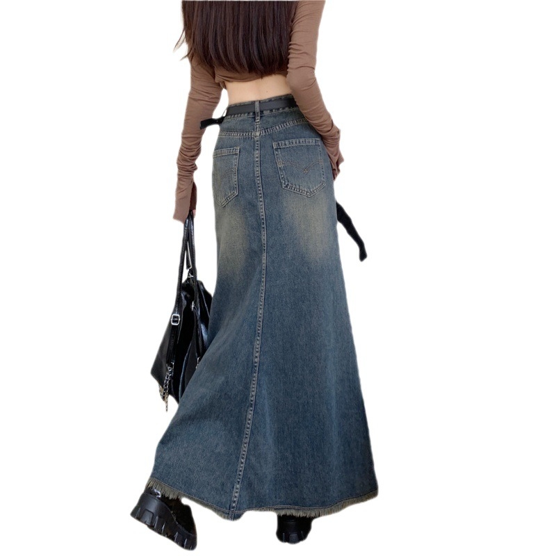 Trendi, niche, nyers szegélyű, halszálkamintás farmerszoknya nőknek, 2025 őszi új, magas derekú, vintage hosszú szoknya