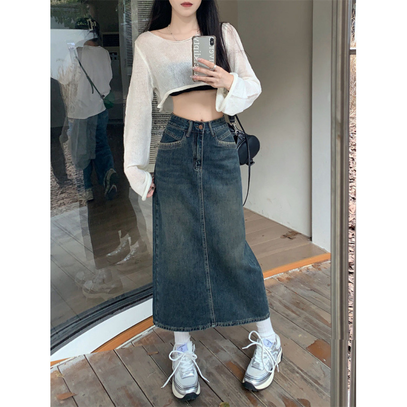 Farmerszoknya Női őszi magas derekú csípőszoknya 2025 Új retró egyenes, bő A-szós, középhosszú szoknya