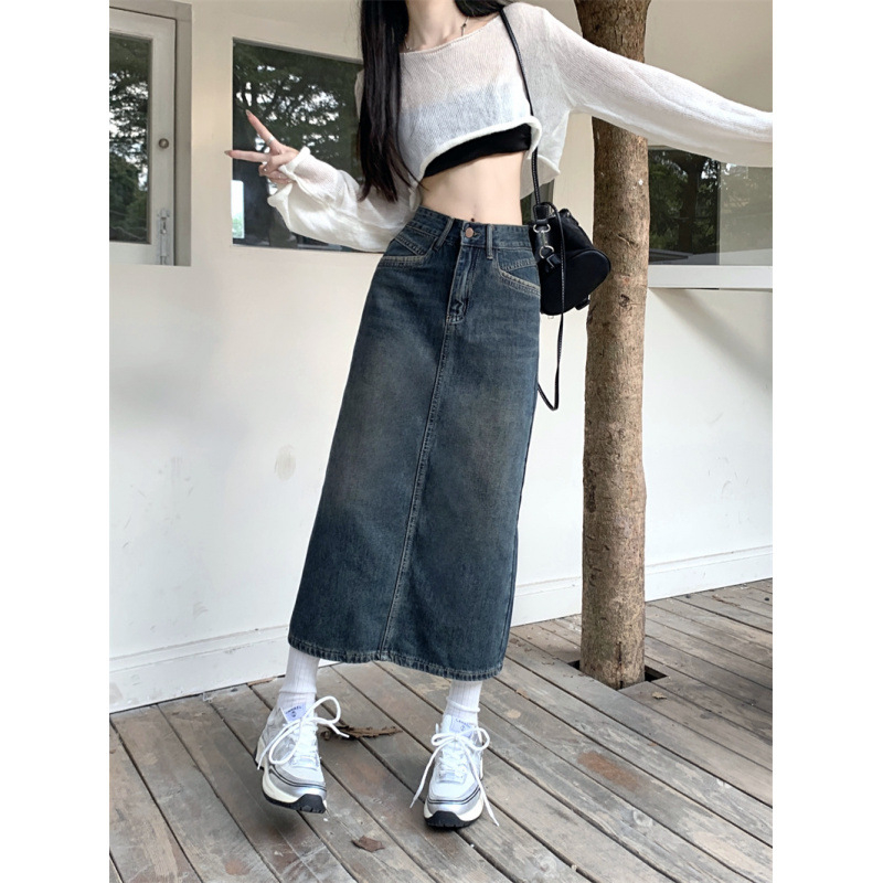 Farmerszoknya Női őszi magas derekú csípőszoknya 2025 Új retró egyenes, bő A-szós, középhosszú szoknya