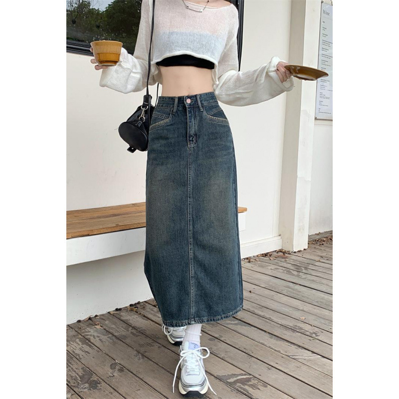 Farmerszoknya Női őszi magas derekú csípőszoknya 2025 Új retró egyenes, bő A-szós, középhosszú szoknya