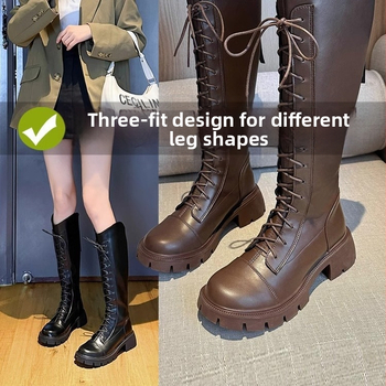 Hosszú csizmák Női V-kivágású Barna hosszú csizma pufók lányka nagy cső kerületű lovag csizma vastag szárú magas sarkú csizma vastag sarkú plus size női csizma