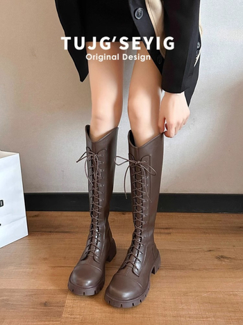 Hosszú csizmák Női V-kivágású Barna hosszú csizma pufók lányka nagy cső kerületű lovag csizma vastag szárú magas sarkú csizma vastag sarkú plus size női csizma